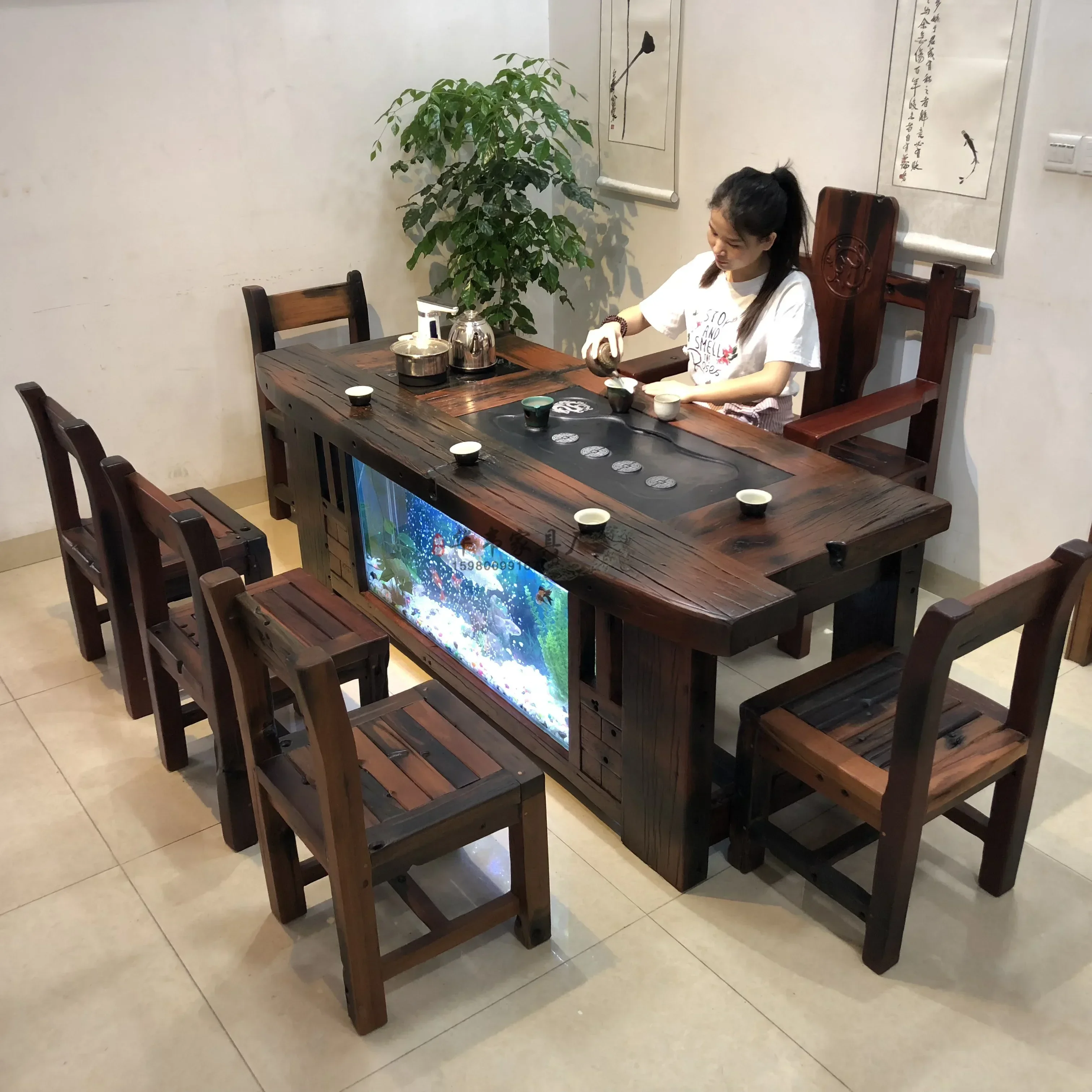 Conjunto de cadeiras de mesa velho navio de madeira multifuncional água tanque de peixes mesa de chá conjunto de chá novo vidro chinês zen simples