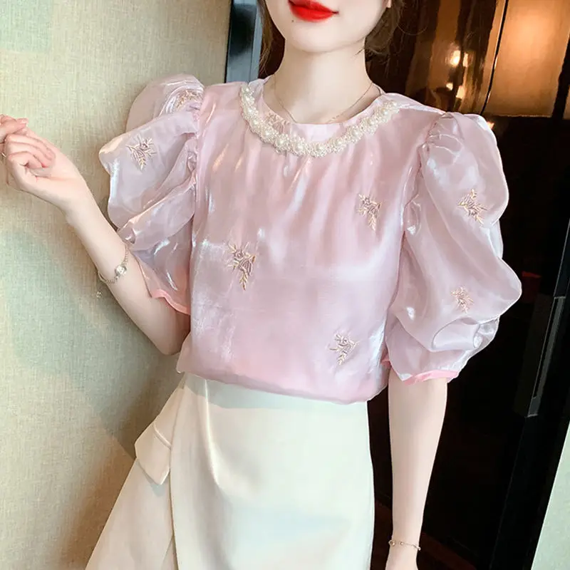 O Neck Beading Chiffon High Grade Blouses Summer New Korean Fashion Style Mujer Puff Sleeve Puff Sleeve Chic Loose Shirts Q651