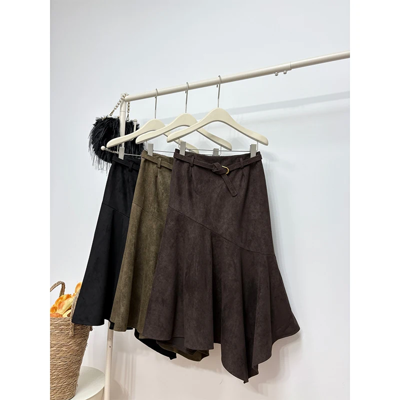 MEXZT Vintage Suede Midi Skirt Women with Belt Black Asymmetrical Skirts Winter Ladies Elegant Korean Design Trumpet Faldas New