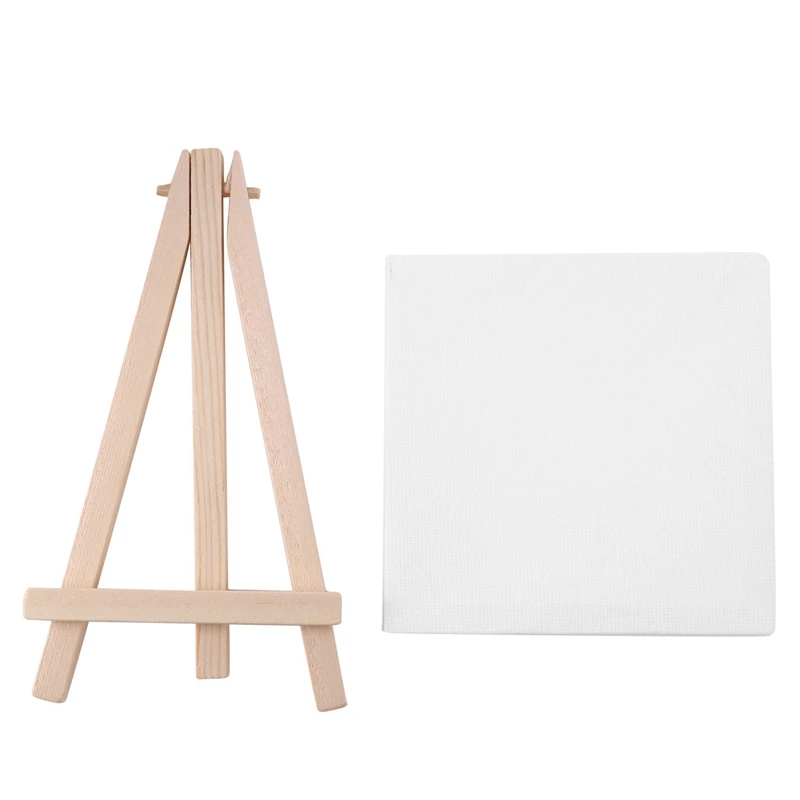 4 By 4 Inch Mini Canvas And 8 X 16Cm Mini Wood Easel Set For Painting Drawing School Student Artist Supplies, 48 Pack