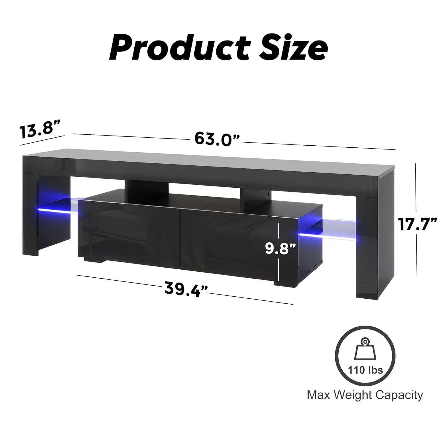 LED TV Stand for 70 Inch TV, Modern Gaming Entertainment Center, High Gloss Media Console with Storage Shelves & 2 Drawers for L