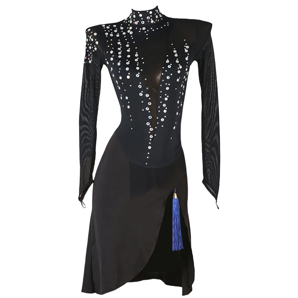 

New Latin Dance Competition Black Women's Mesh Long Sleeve Split Performance Suit Rhinestone Samba Tango