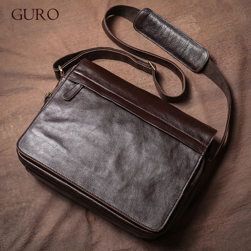 

GURO Men's High Quality Shoulder Bag Genuine Leather Flap Messenger Bag Luxury Brand Crossbody Business Briefcase For 13″ Laptop