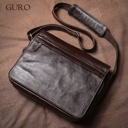 GURO Men's High Quality Shoulder Bag Genuine Leather Flap Messenger Bag Luxury Brand Crossbody Business Briefcase For 13″ Laptop