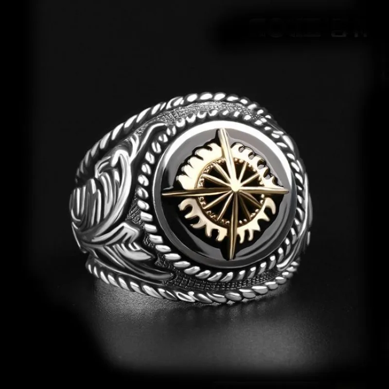 

[Vintage nautical style] Compass finger, two-color splicing, personalized fashionable men's ring