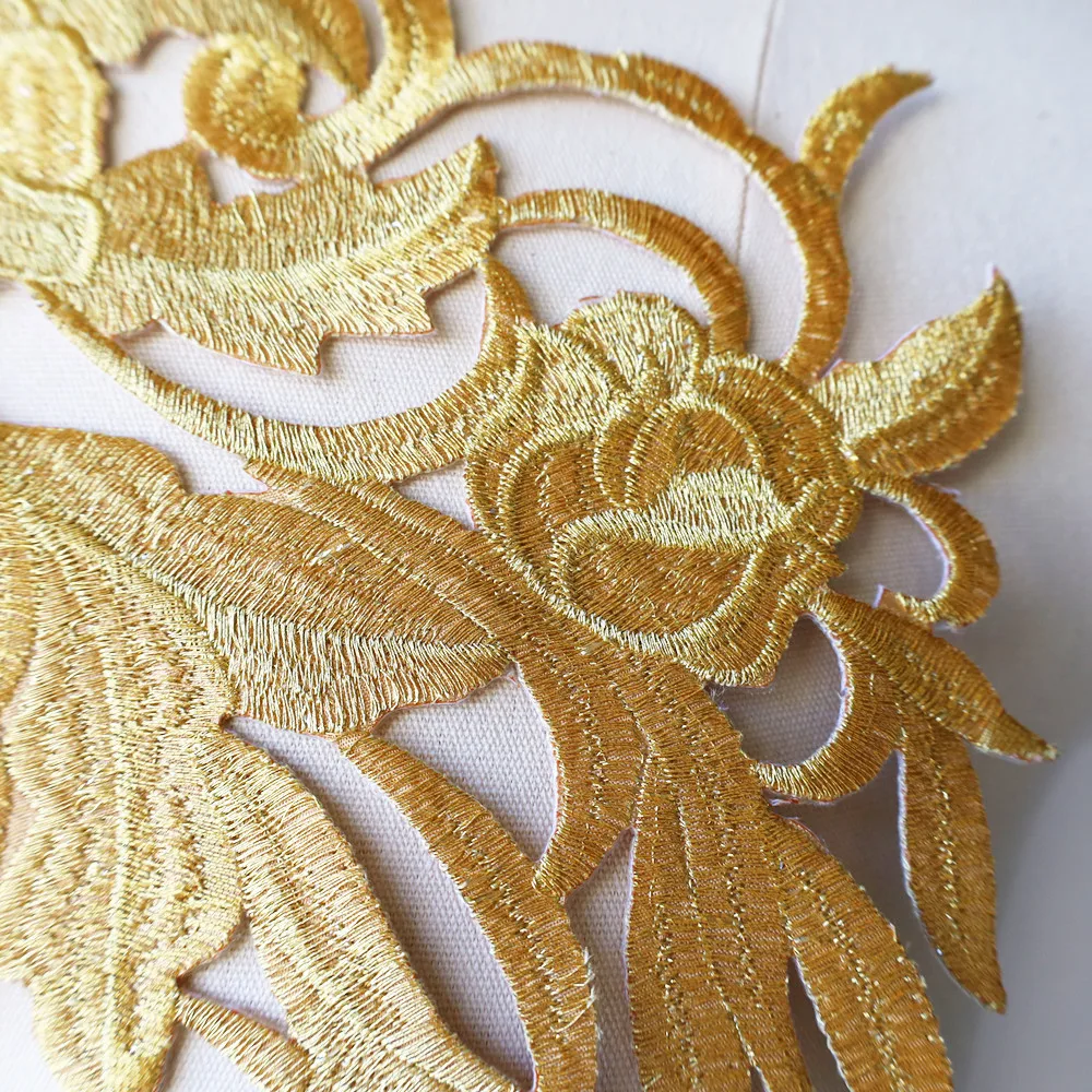 Large Embroidery Baroque Gold Flower Applique Fabric Collar Sew Iron Patch Wedding Bridal Gown Dress DIY Clothes Decor Crafts