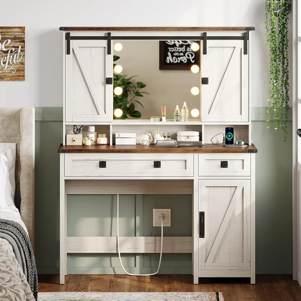 Makeup Vanity with Lights & Barn Doors, Vanity Desk with Mirror and Lights & Charging Station, Farmhouse Vanity Table image 6