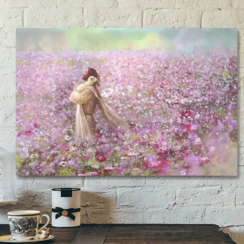 1pc  Jesus Holding a Lost Lamb on the Pink Flower Fields   Inspirational Christian Wall Art For Home Office Decor  Frameless