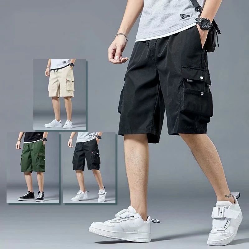 2024 Summer Beachwear Cargo Shorts Ribbons Hip Hop Short Pants For Men Wide Leg Multi Pockets Casual Street Wear