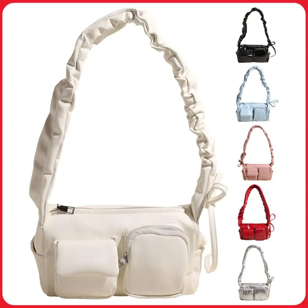 

Female Solid Color Shoulder Bag Multi Pockets Trendy Motorcycle Bag Pleated Satchel Bag Travel Shopping Date Bag