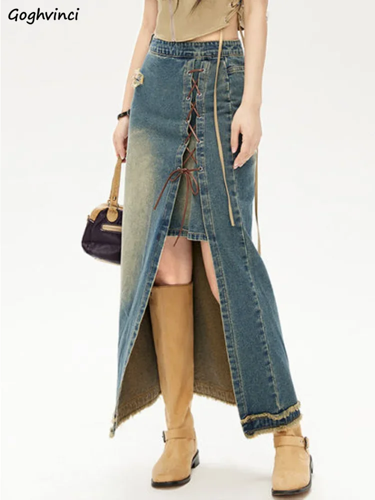 

Denim Skirts Women Irregular Side-slit Lace-up Korean Style Vintage Spring Streetwear Chic Ripped Bleached Fashion Personality