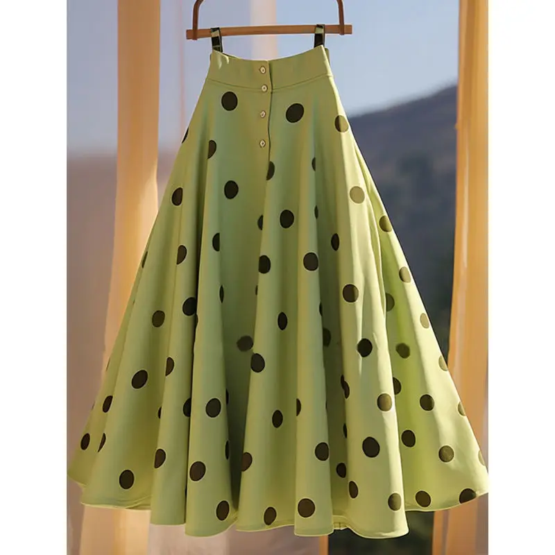 

French super fairy gentle style high-end A-line skirt mint mambo style green chiffon polka dot umbrella skirt skirt summer