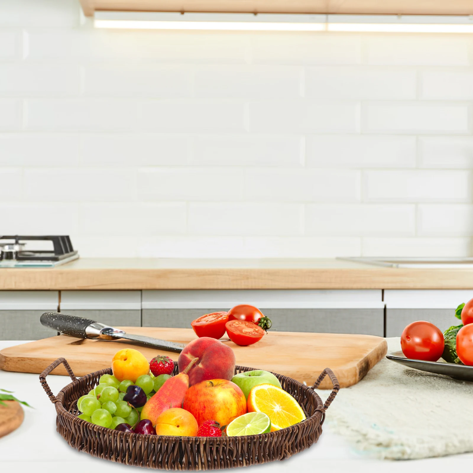 

1pc Round Woven Tray 30Cm Bread Fruit Snack Storage Basket Multi-Function Serving Tray For Coffee Table Kitchen Decor Pp