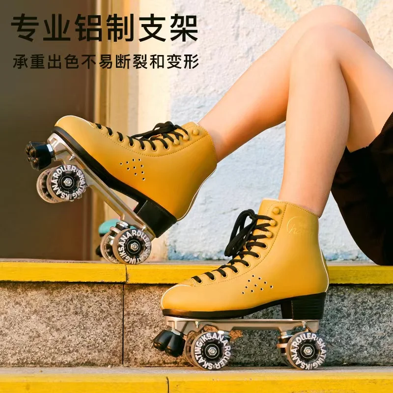 KSANA-Double Row Roller Skates Shoes for Men and Women, Microfiber Leather, Foot Protection, Four Wheels, Aluminum Alloy