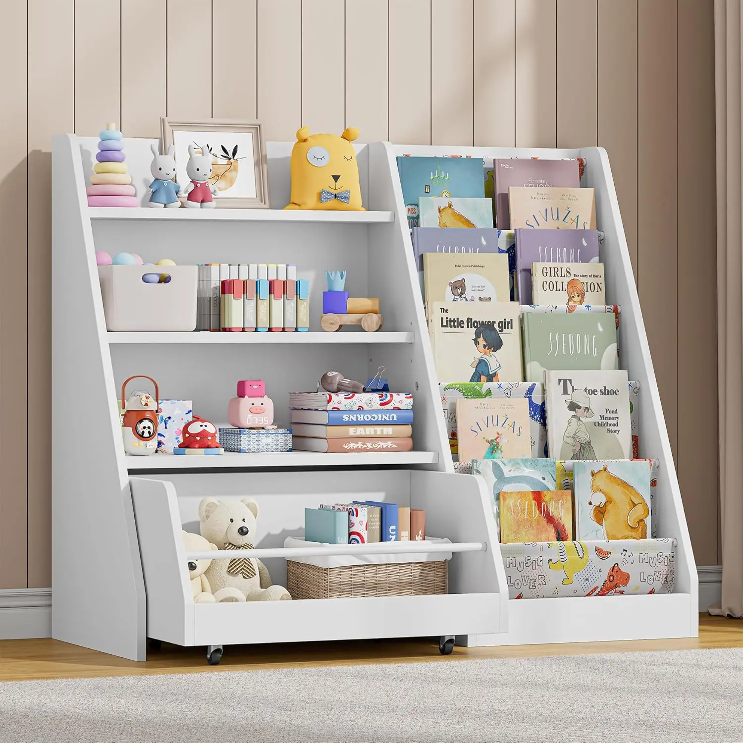 42 Inch Kids Bookshelf, 5 Layer Sling Kids Book Shelf for Kid Rooms, Wood Children Bookcase with Movable Drawer for Playroom