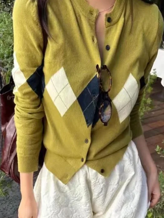 

Женский трикотаж в стиле ретро цвета Blo Diamond, модный круглый топ на одной пуговице, весна-осень, новое поступление