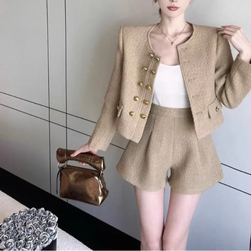 Women's 2023 Little Fragrant Spring and Autumn New Round Neck Loose Double Breasted Cardigan Pockets Fashion Solid Color Casual