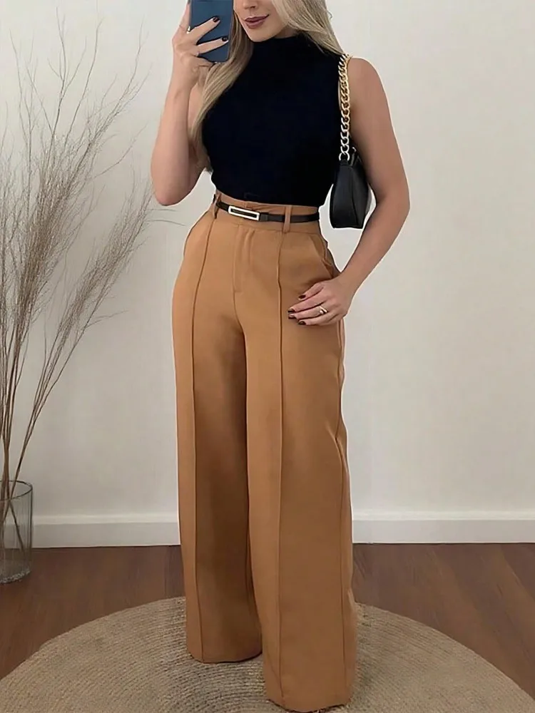Women Shiny Yellow Capris Pants High Waist Trousers Office Work Lady Full Length Summer Bottoms Capris 2025 Autumn Winter