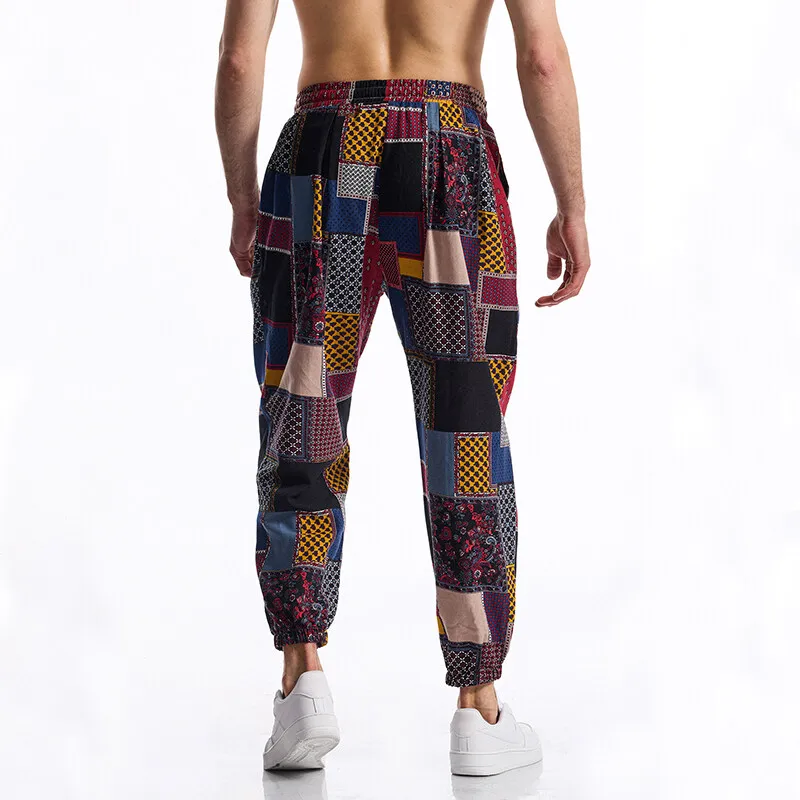 Men's Boho Tribal Print Linen Pants Cotton Summer Casual Drawstring Outdoor Sport Trousers Running Jogger Tracksuit Pants