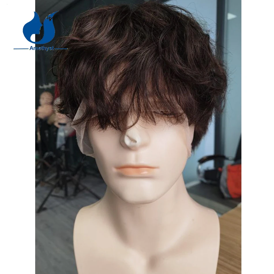 

Аметист Волна # 3-коричневый короткий парик с стрижкой пикси с бакенбардами, парик из человеческих волос с челкой для мужчин, бразильский парик Remy, полный кружевной парик, отбеленный