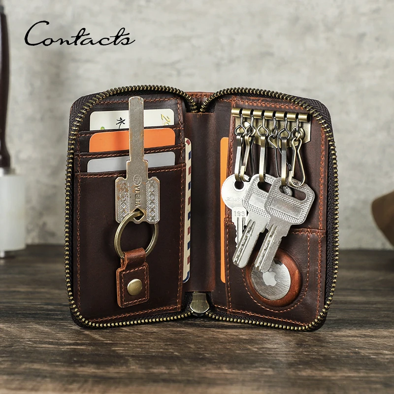 

CONTACT'S Genuine Leather Key Wallets Key Chain Holder Full Grain Leather AirTag Slot Male Mini Wallets Key Pouch Card Holders