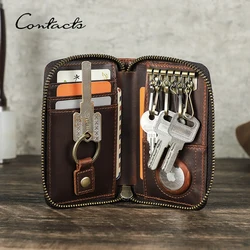 CONTACT'S Genuine Leather Key Wallets Key Chain Holder Full Grain Leather AirTag Slot Male Mini Wallets Key Pouch Card Holders