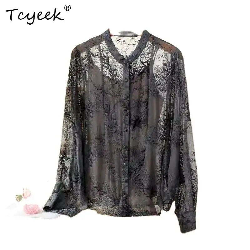 

Tcyeek, 100%Real Silk OL Elegant Shirt, Women Long Sleeve Embroidery, Temperament Versatile Blouse, 2024 Summer New T453108QC