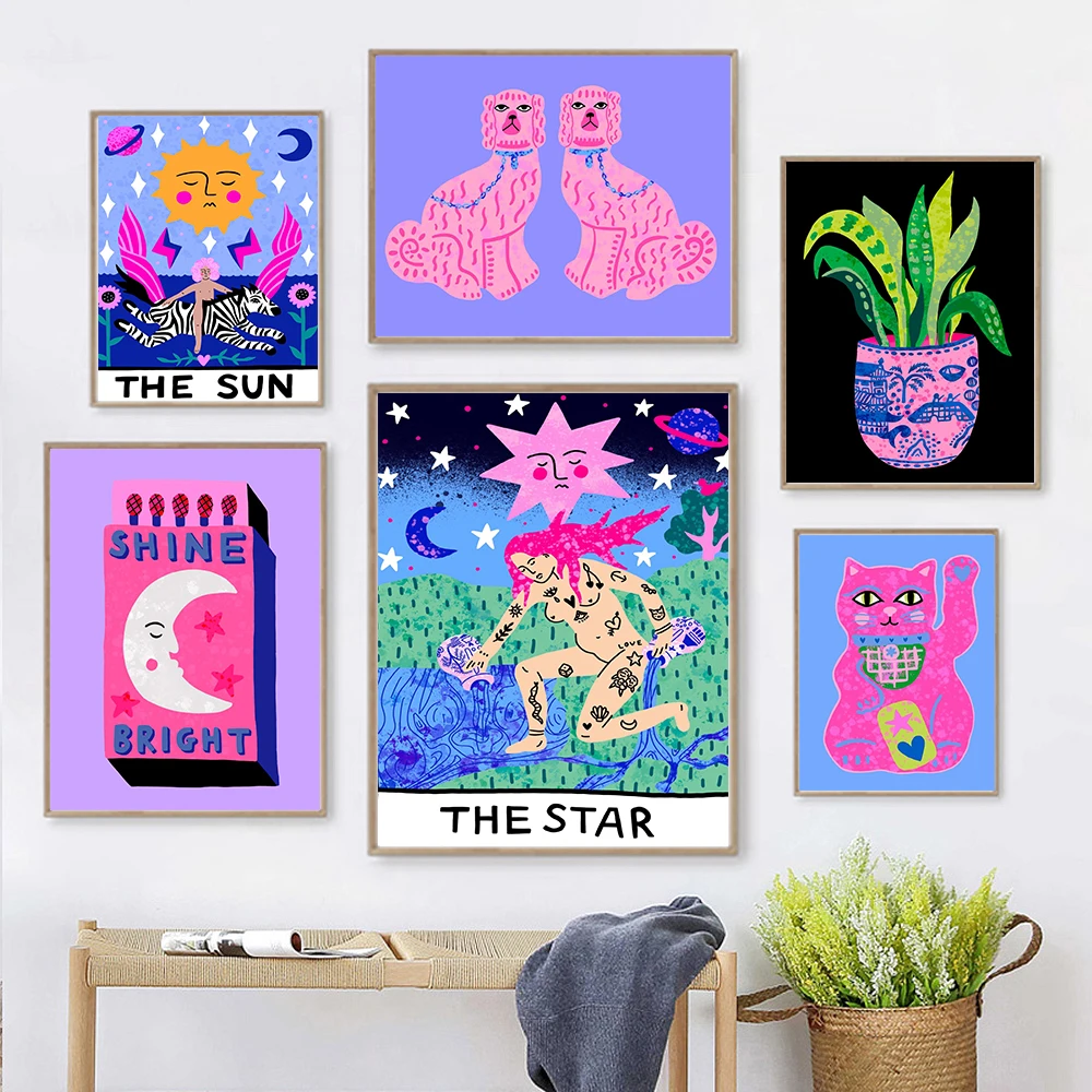 Sun Star Tarot Card Tiger Leopard Art Poster Print Abstract Cat Animal Mural Canvas Painting Pink Picture Living Room Home Decor