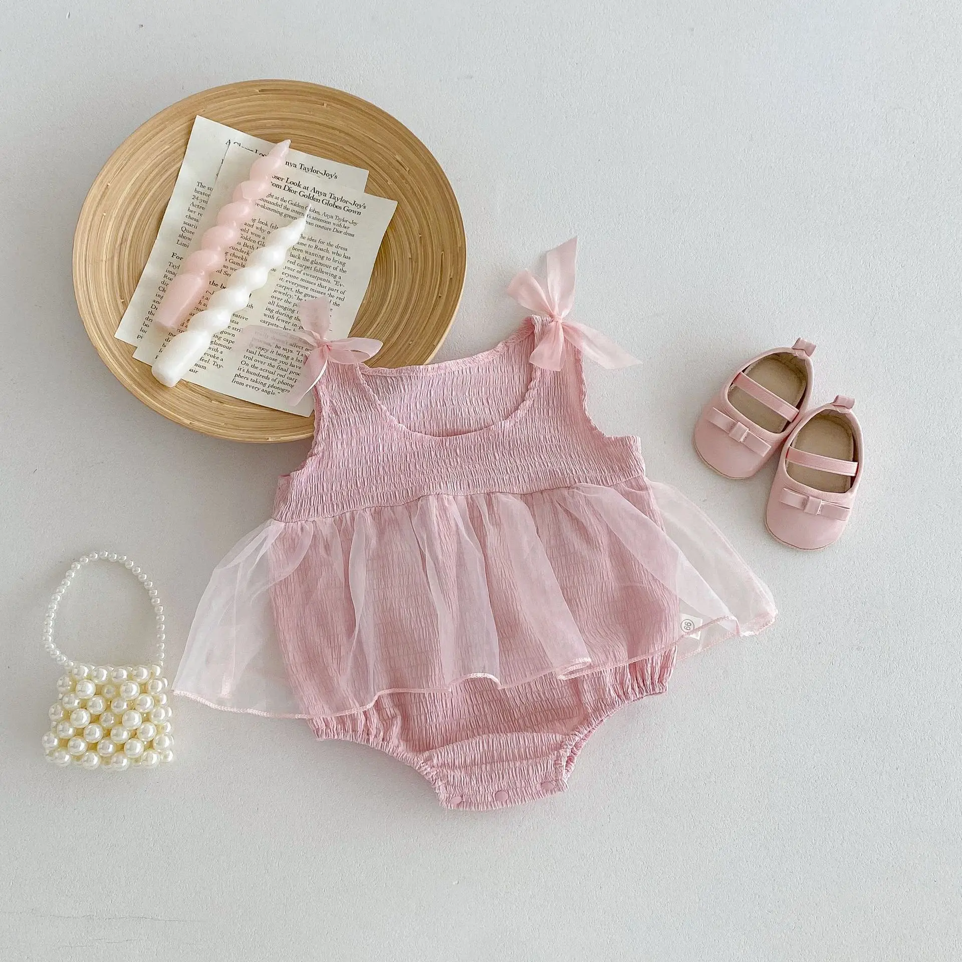 2026 Summer New Baby Girl Sleeveless Sling Bodysuit Sweet Princess Mesh Dress Girls Thin Bow Jumpsuit Cotton Toddler Clothes