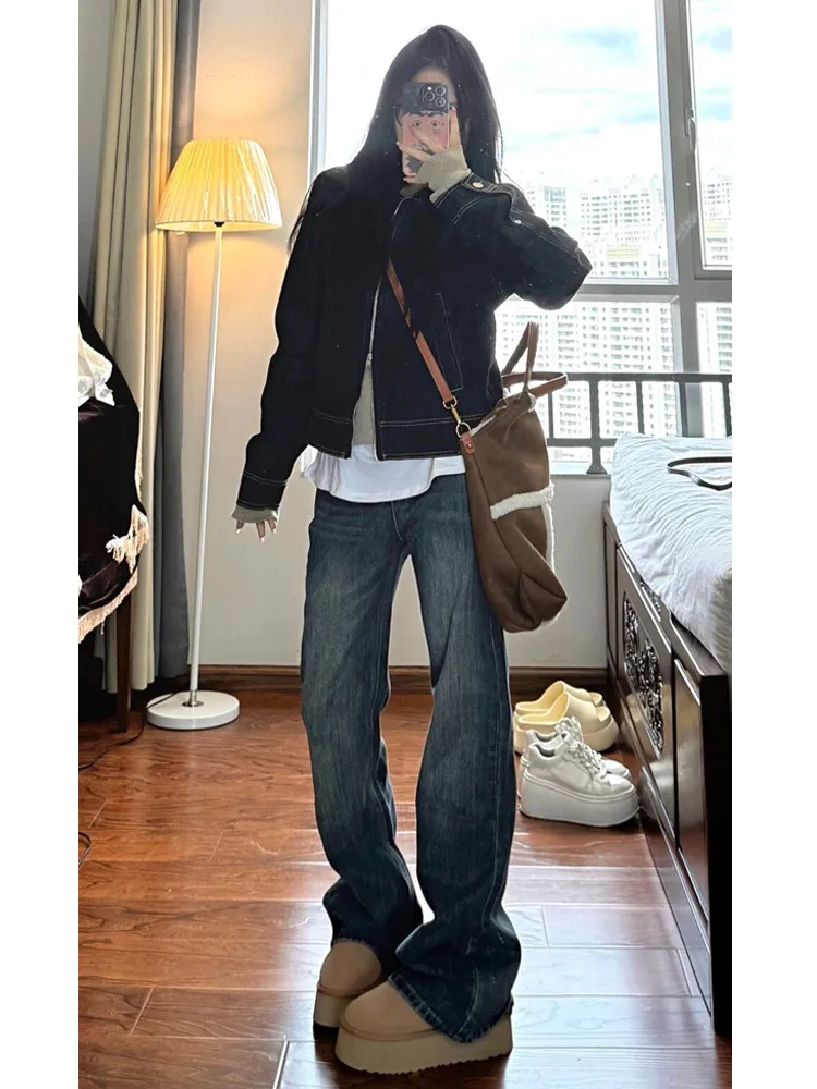 

American Retro High Waist Wide Leg Jeans Women Loose Drapey Long Floor Length Slimming Trousers Spring Season Deep Color