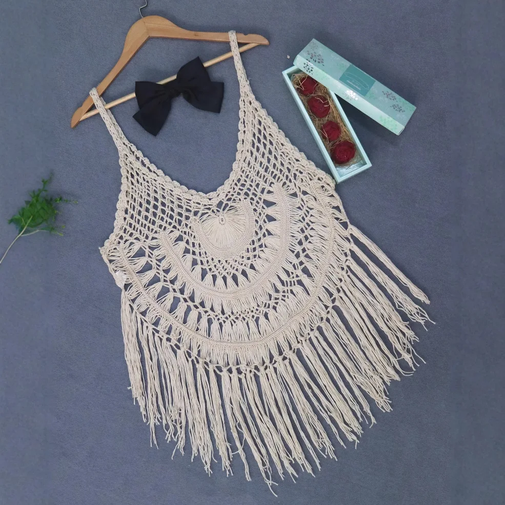 เซ็กซี่ SHEER ถักมือ Fringed บิกินี่ COVER-UPS สีทึบสี Boho ลูกไม้ Trim Beach COVER UP ผู้หญิงชุดว่ายน้ํา
