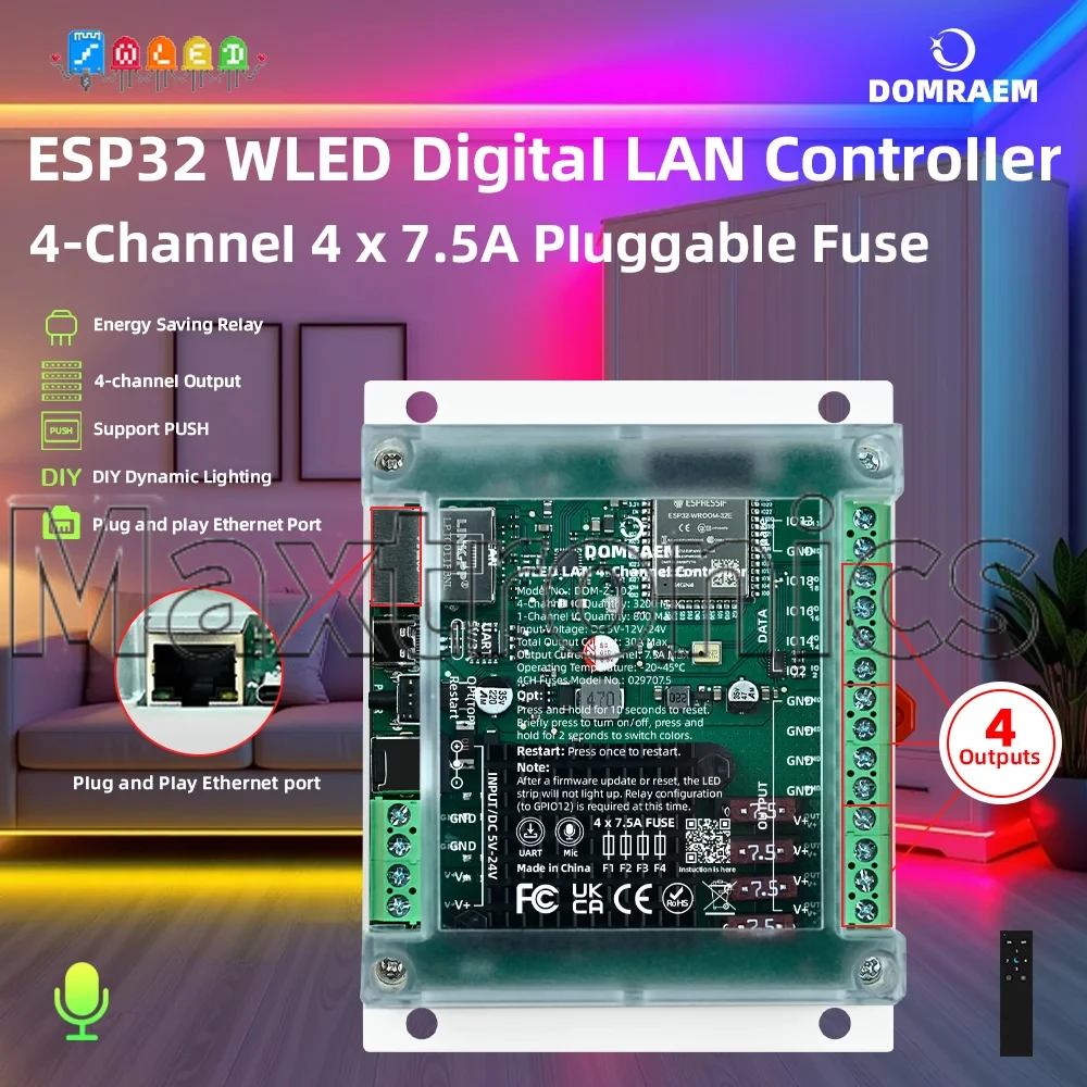 2026 NEW ESP32 Ethernet WLED Controller 20A/30A 4CH DIN Rail Mount Independent Fuses DIY WiFi Music Sync for WS2811/12 RGB Strip