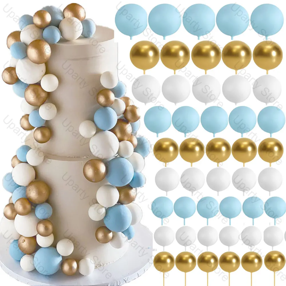 60Pcs Blue Balls Cake Toppers 2-4cm Metal Gold White Baby Blue Cake Balls for Happy Birthday Baby Shower Wedding Cake Decor Favo