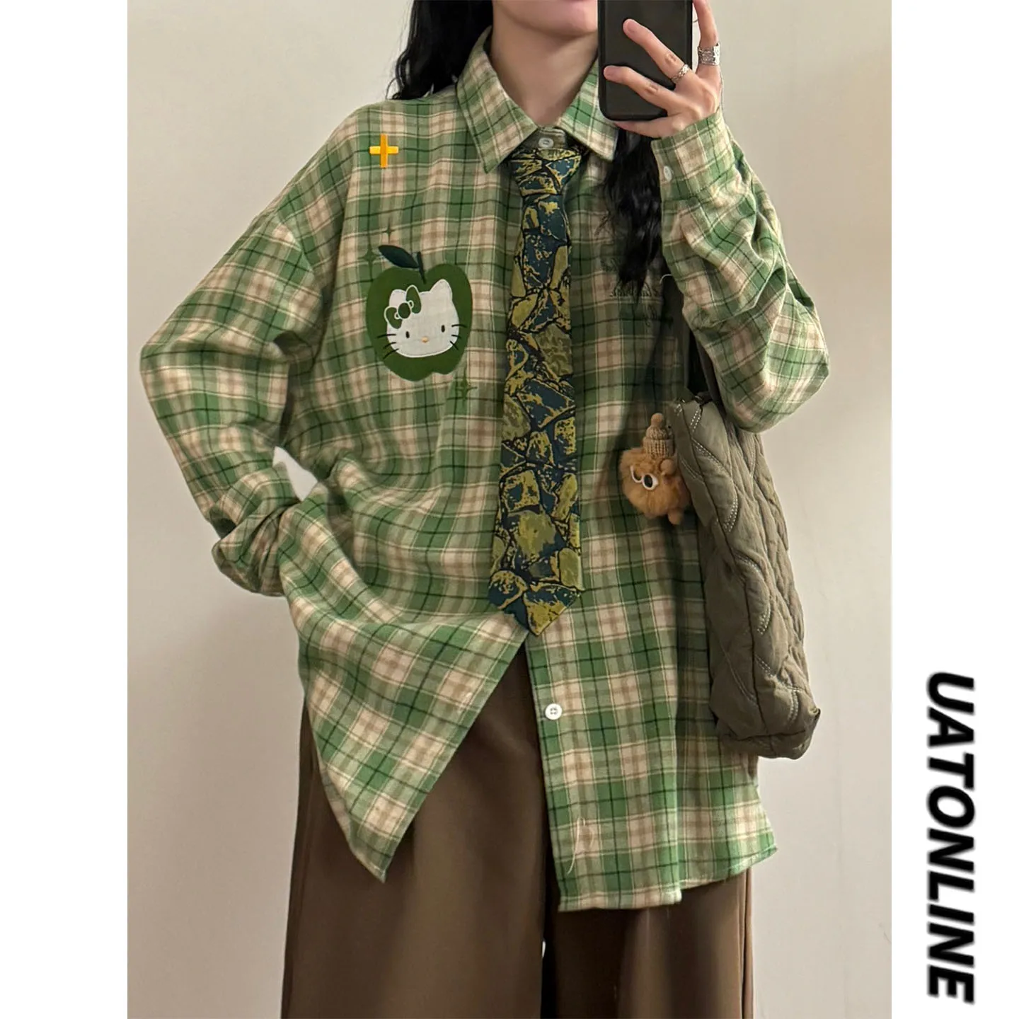 

UATONLINE2026 Весенняя женская рубашка в японском ретро-стиле с вышивкой, в полоску и клетку, с длинным рукавом, модный воротник, свободный крой