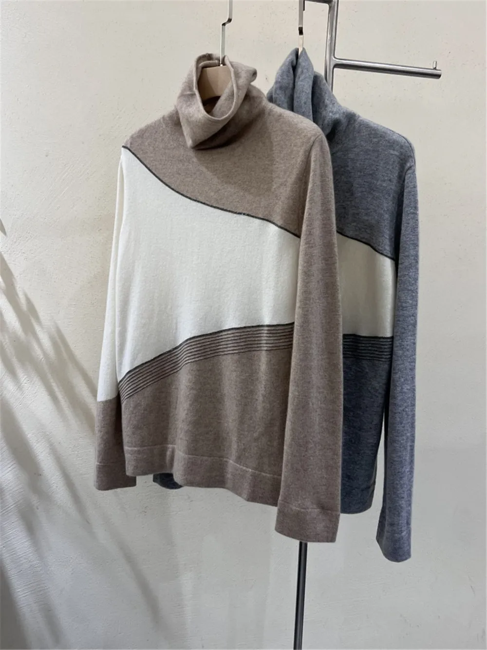 New BC Pure Cashmere Beading Knit Sweater Women High Neck Colour Block Long Sleeve Pullover Bottom