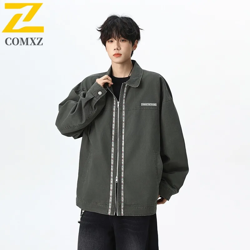 

COMXZ 2025 New Spring Autumn Fashion Jacket Casual Coat Youth Turn Down Collar Loose Vintage Distressed Washed Mens Jacket Top