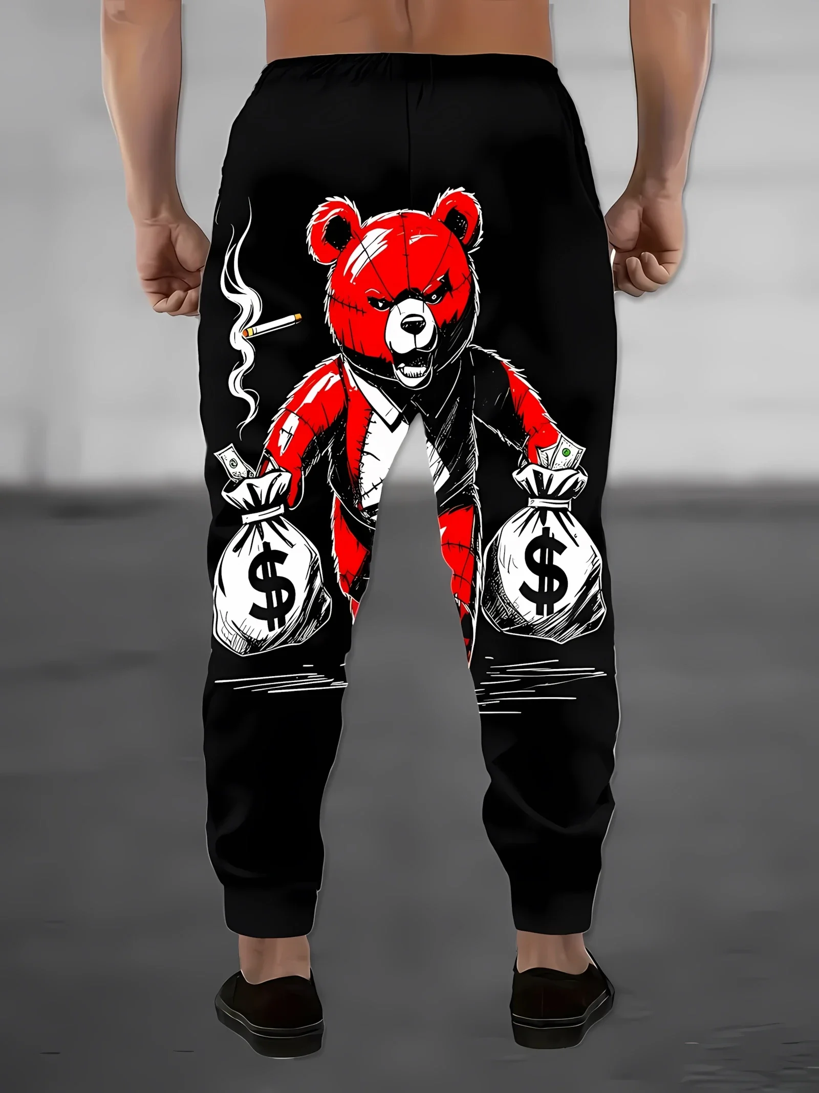 Men Cool Bear Money Bag 3D Print Jogger Pants Polyester Drawstring Elastic Waist Casual Streetwear Hip Hop Trousers