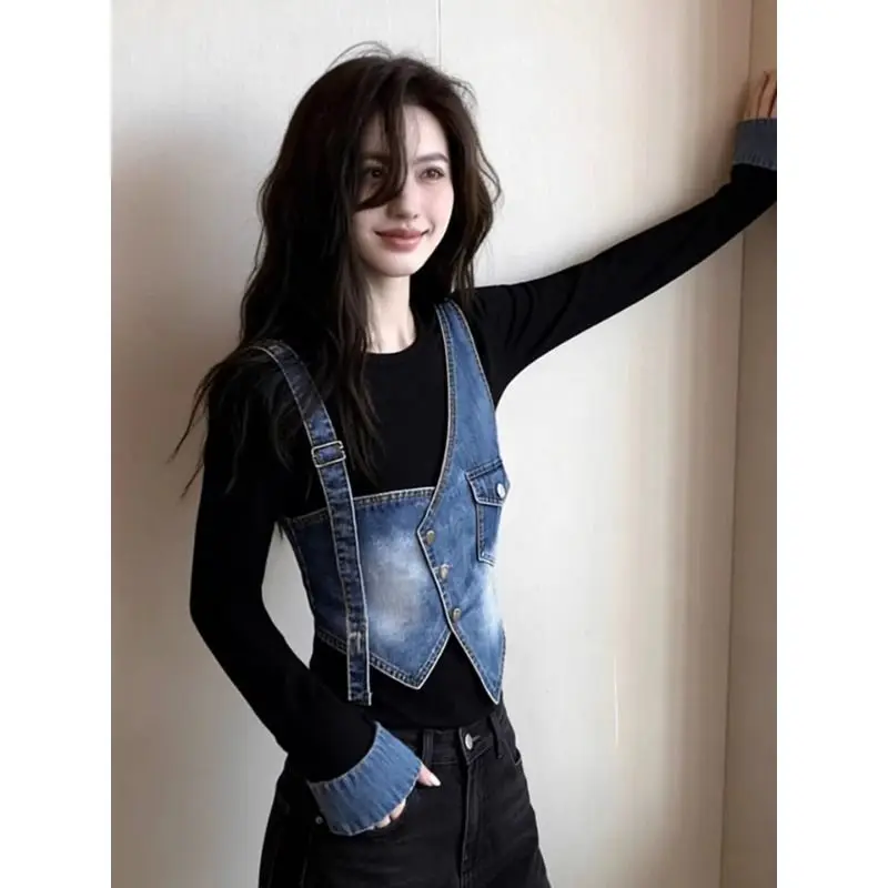 Design Sense Light Luxury Style Age-reducing Thin Top Women's 2026 Spring Autumn Retro Loose Denim Splicing Fake Two-piece Shirt