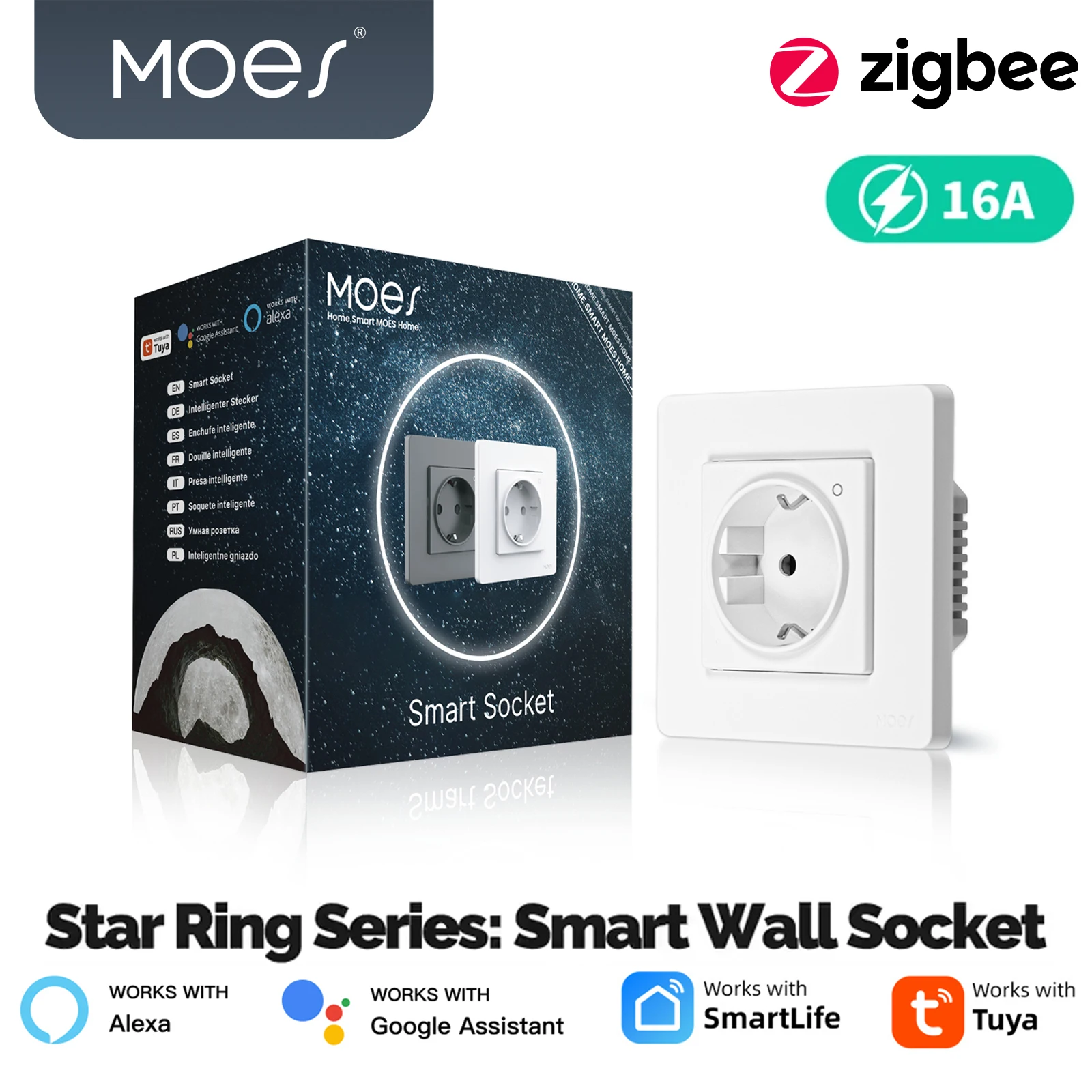 

MOES Tuya ZigBee Умная розетка ЕС Настенная встроенная розетка Монитор энергии Индикатор Приложение Дистанционное управление Голосовое управление Alexa Google Home