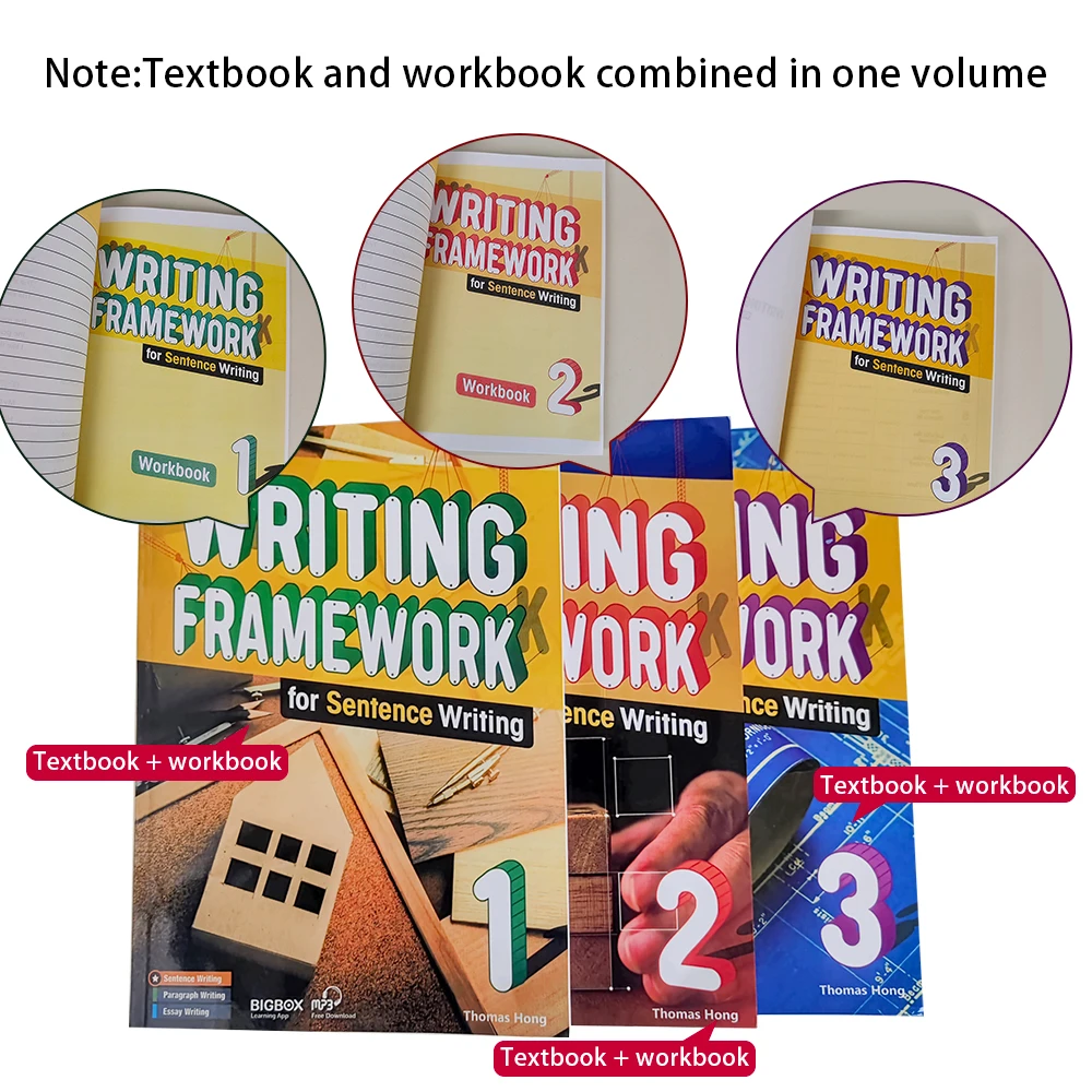 3 book Writing Framework For Sentence Paragraph Essay Writing Books,Textbook+ workbook combined, English Writing Skills Practice