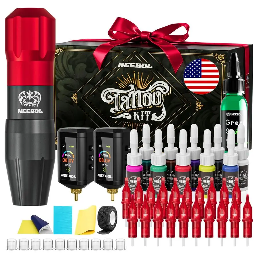 

Набор для татуировки: беспроводная машинка для татуировки с 2 аккумуляторами 1600 мАч с LED-дисплеем, 20 картриджей для татуировки.