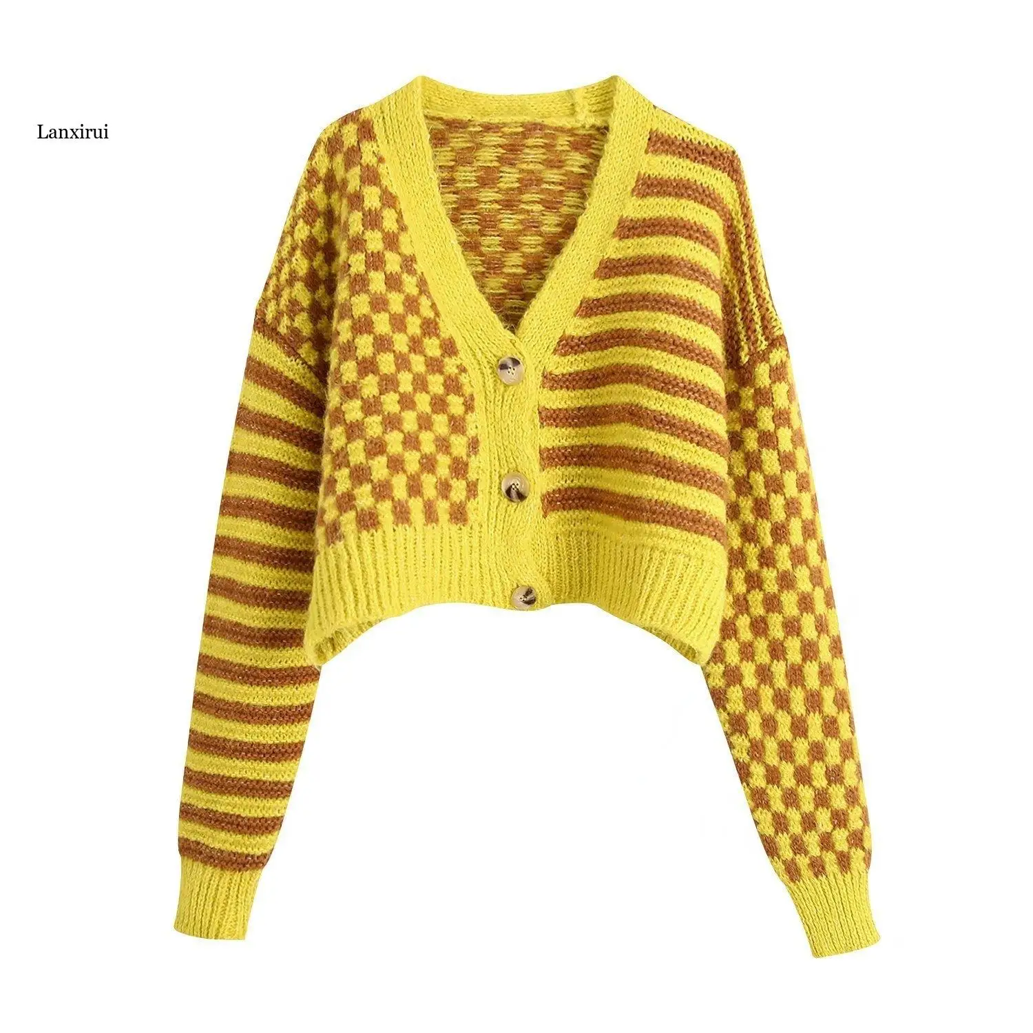Asymmetrical Striped Plaid Sweater  Women Long Sleeve V Neck Crop Tops Autumn Winter Knitted Cardigan Ladies Outwear New