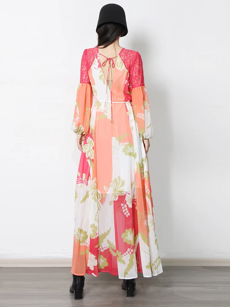 TWOTWINSTYLE Print Dress Female Round Neck Long Sleeve High Waist Colorblock Vintage Midi Dresses Female Clothing Style New 2022