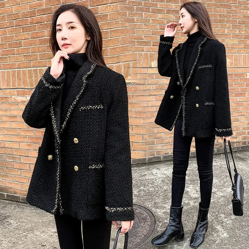 

Small Fragrance Black Coat Female Plaid Autumn 2023 New Gas Overcoat Quality Ladies High Outwear Tweed Fashion Suit Jacket Woman