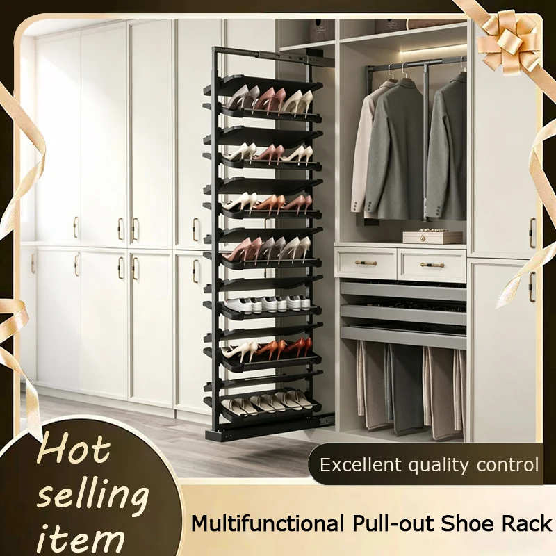 Upgraded Telescopic Pull Out Shoe Rack For Staircase Narrow Extra Deep Cabinet With Heavy Duty Slides And Adjustable Dividers