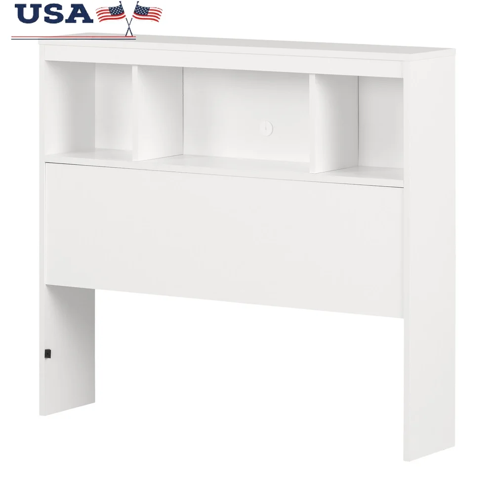 

Bookcase Headboard with Storage Kids Pure White Easy Assembly Cord Management 3 Compartments Timeless Design Bedroom