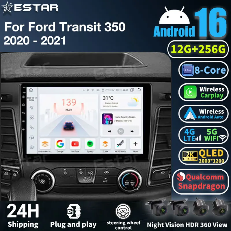 Android 16 Carplay Auto For Ford Transit 350 2020 2021 Car Radio Navigation 360 Camera Stereo Multimedia 2K Screen Player Video