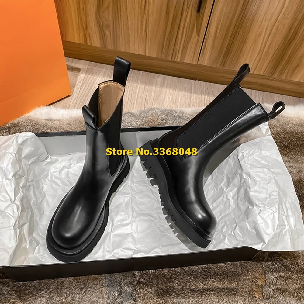 Black Leather Women Boots British Style Mid-tube Thick-soled Chelsea Ankle Booties Chimney Boots Round Toe Slip On Winter Shoe