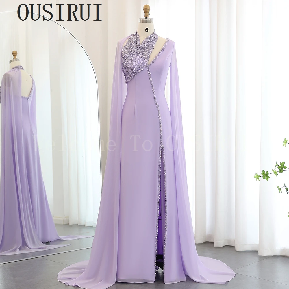 OUSIRUI Turquoise Chiffon Dubai Evening Dress with Cape Sleeves Fuchsia Lilac Arabic Women Wedding Party Gowns