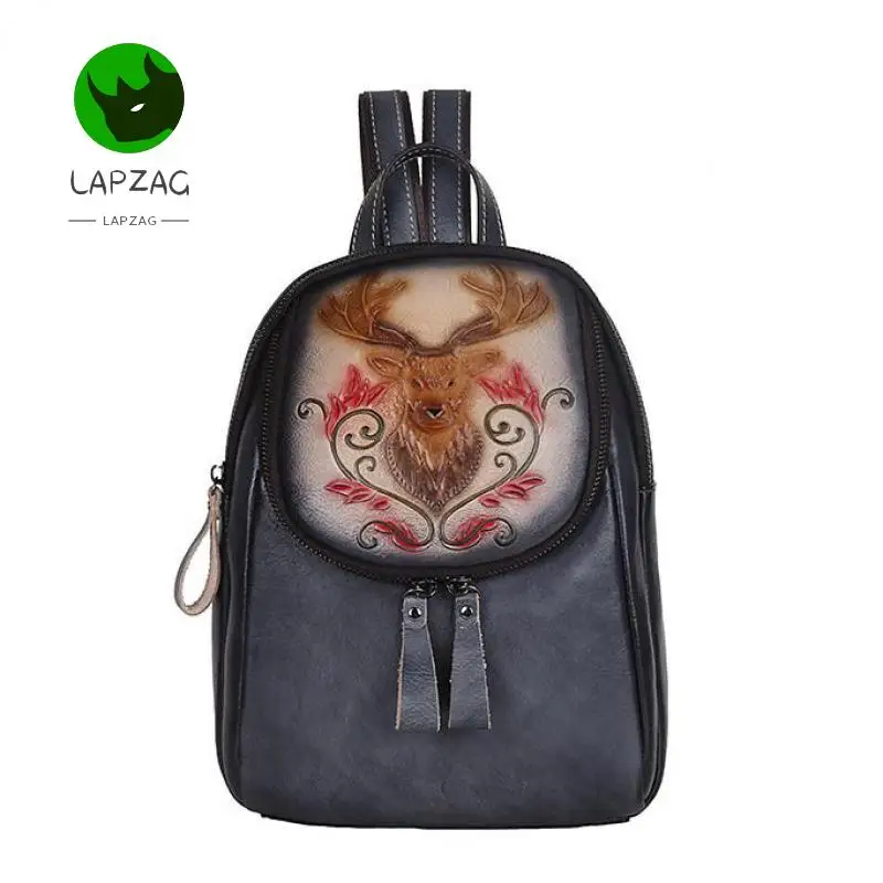 Women Retro Oil Wax Cowhide bag with personality antique embossed  cowhide bag fashionable backpack Female Daypack Rucksack